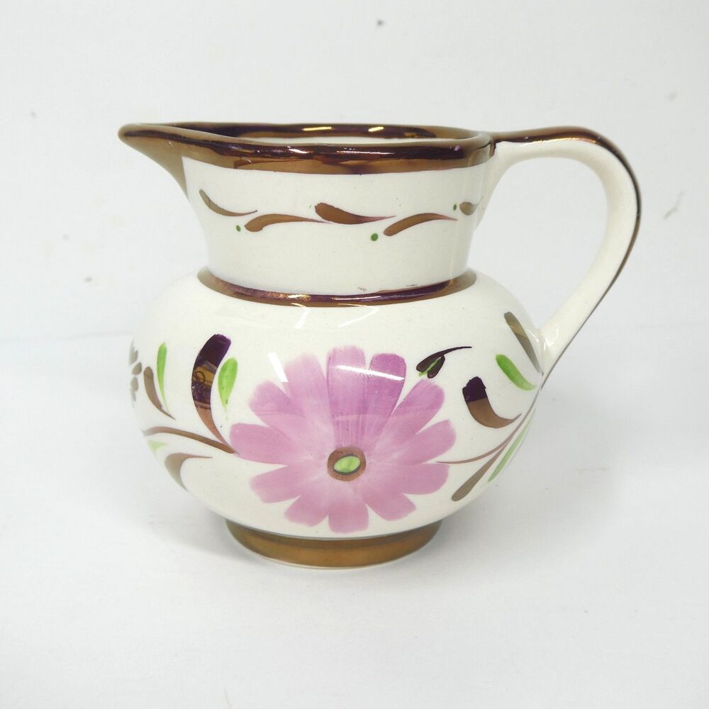 Gray's Pottery Creamer Pink Floral Daisy Metallic Cream Pitcher Ceramic Vintage